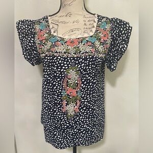 THML Dark Blue Floral Embroidered Cap Sleeve Blouse